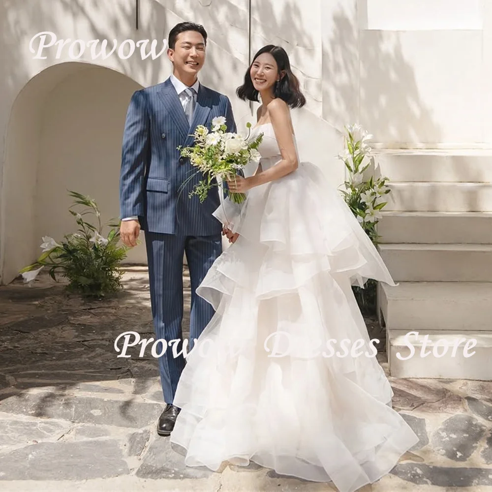 

Prowow Elegant Strapless Wedding Dresses Korea Photo Shoot Pleats Layered Floor Length Bridal Gowns A Line Free Customized