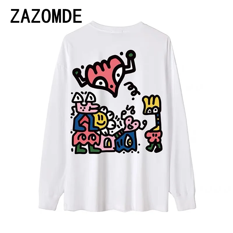 ZAZOMDE T-shirt For Men Autumn Clothing Long Sleeve T-shirts Loose Daily Cartoon Print Oversized CottonT Shirt Tops Casual Tees