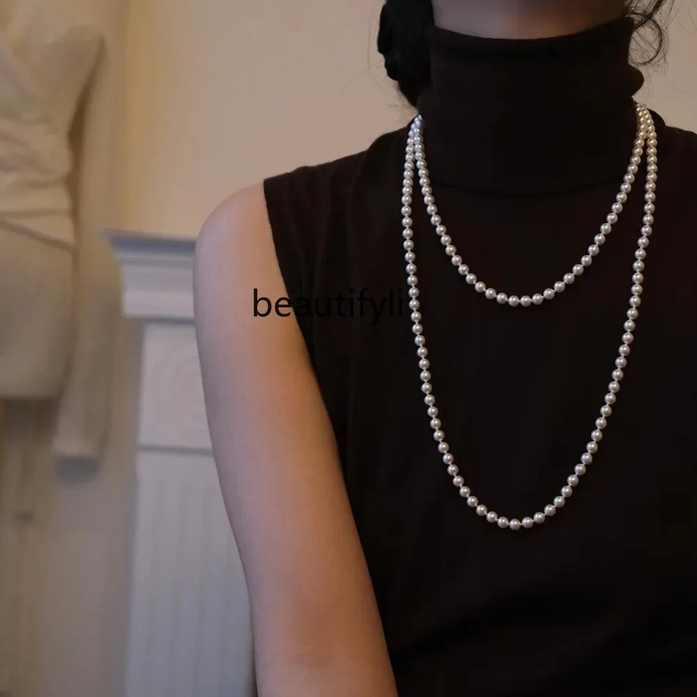 Double stacked long pearl necklace female niche design collarbone chain millet bead neck chain