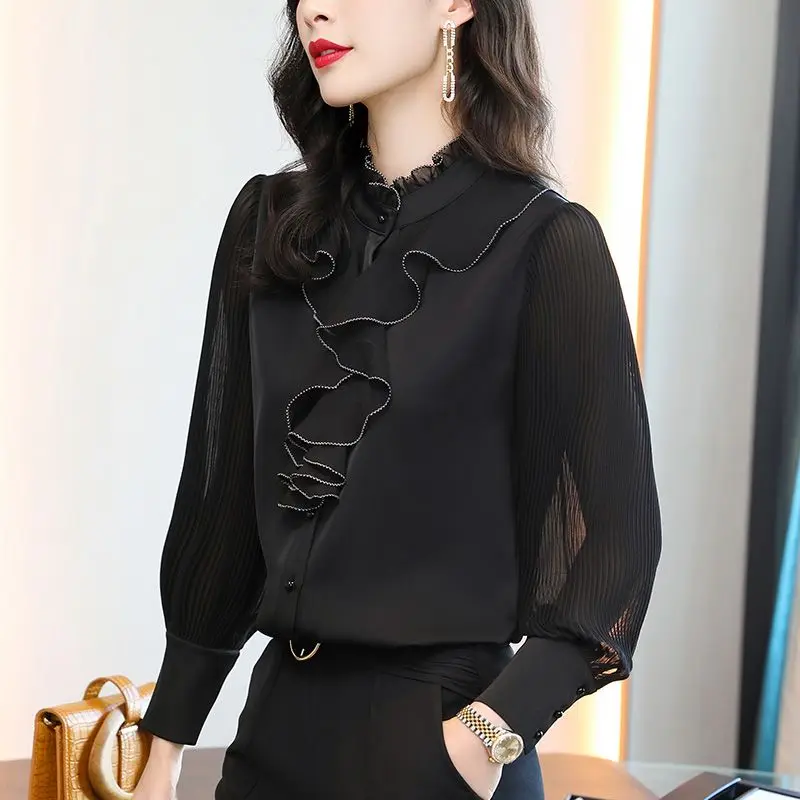 Korean Versatile 2023 Autumn New Women\'s Solid Color Half High Collar Long Sleeved Shirt Fashion Ruffle Collar Temperament Top