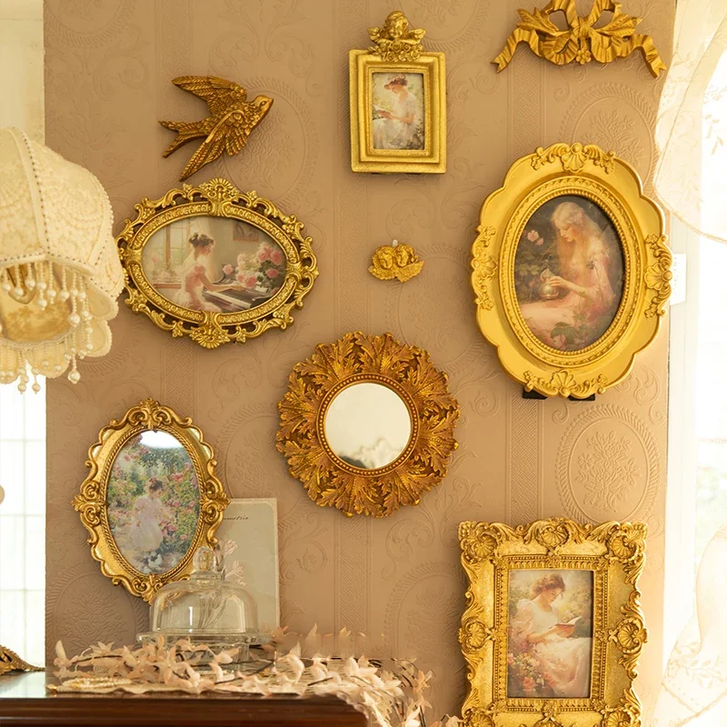 Vintage Photo Frame Combination Set 9pcs Gold Embossed Resin Photo Frame Painting Home Homestay Wall Decoration Angel Girl Gifts