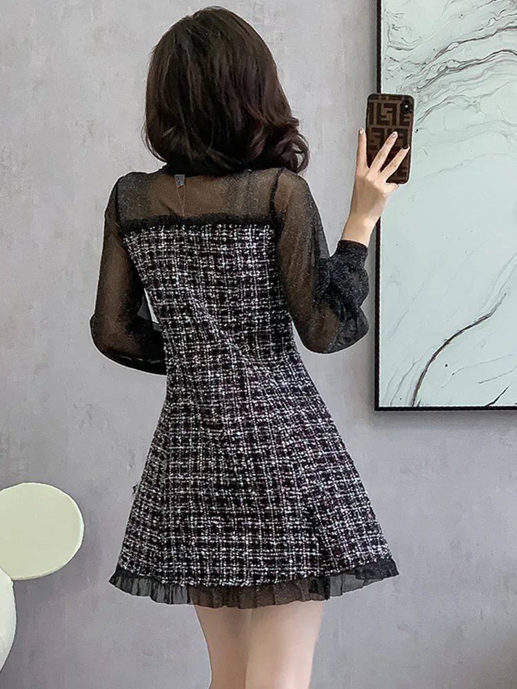 Korean Small Fragrant Tweed Dress Sweet Tie Long Sleeve Patchwork Single Breasted Casual Dresses Vintage Clothes For Woman image 4