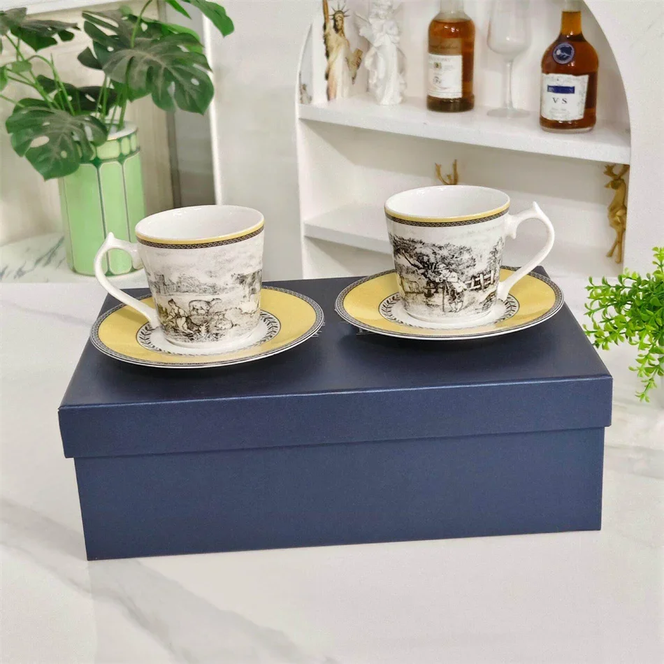 European Manor Pattern Bone China Coffee Cup and Saucer Set of 2 Elegant Afternoon Tea Tableware Home Premium Tea Set Gift Box