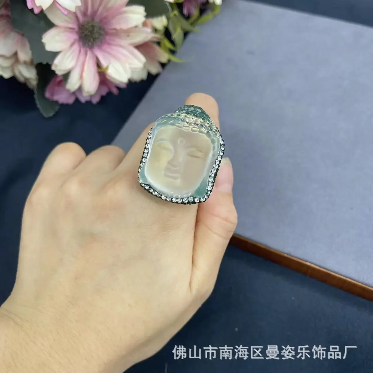 Glazed white crystal Buddha head ring 18K real gold color retention electroplating live mouth adjustable new Chinese jewelry view 3