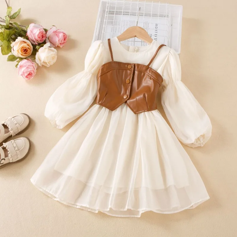 Girls Dress Spring Fall New Baby Leather Vest + Dress 2Pcs Set Twilight Cloud Yarn Long-sleeved Princess Dress