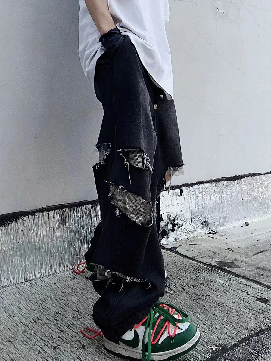 

American Retro Hip Hop Skateboarding Pants Ripped Jeans Workwear Camouflage Straight Loose Draggle-Tail Trousers Men