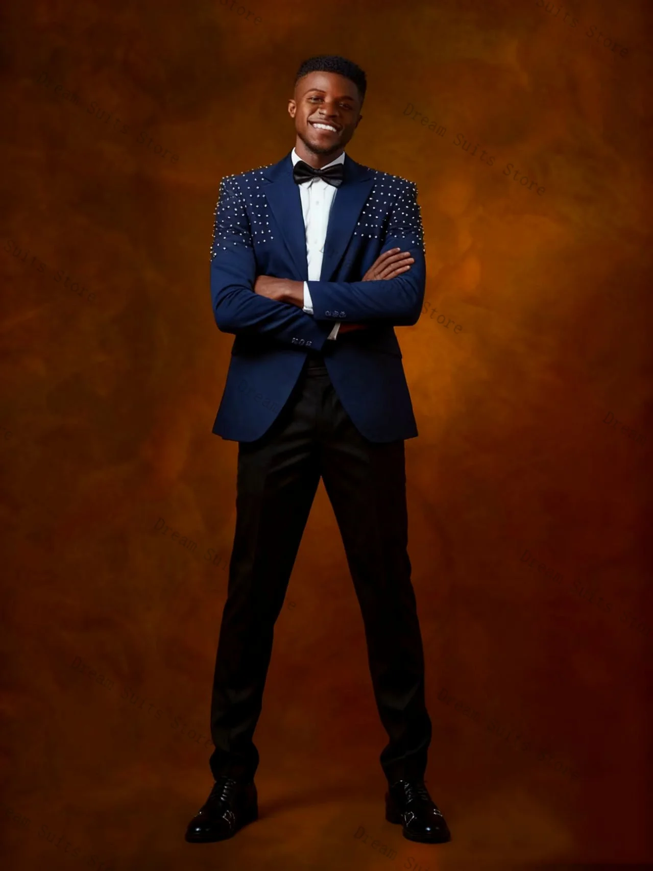 

Blue Beaded Men Suit Set 2 Piece Blazer+Pants Trousers Cotton Customized Formal Office Business Jacket Wedding Tuxedos Prom Coat