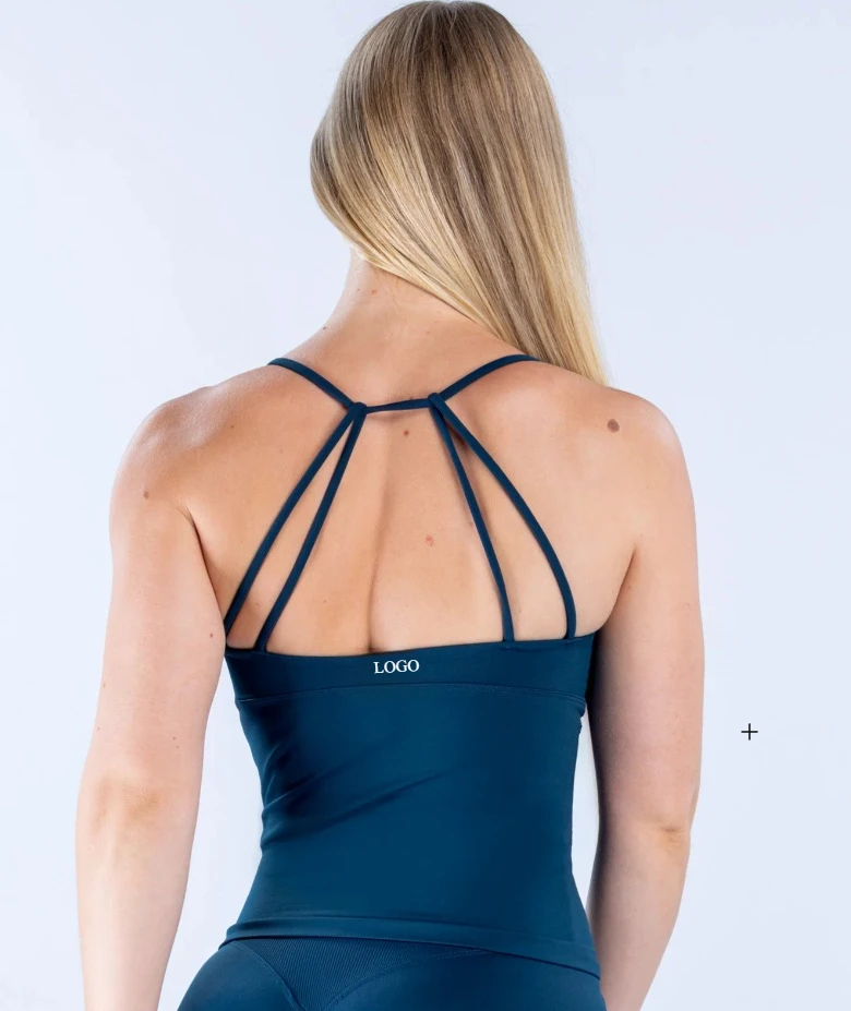 LOGO WomenLine Sports Tank Top Crossover V‑Neck Multi Thin Straps Back Cutout 4‑Way Stretch Breathable Yoga Workout Cami Top