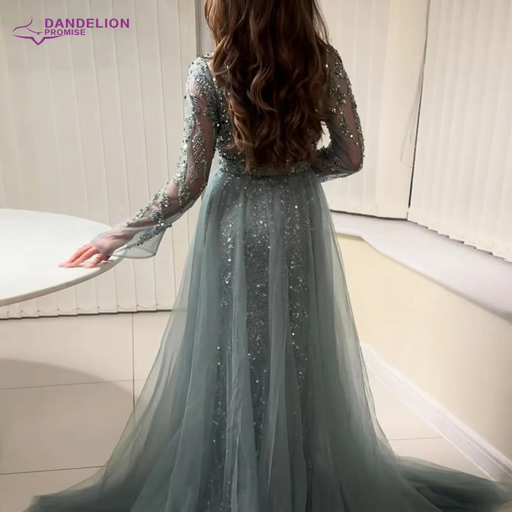 Luxury Mermaid Elegant Long Sleeves Beaded Arabic Evening Dresses O-Neck Tulle Overskirt Gowns For Women 2024 Wedding Party