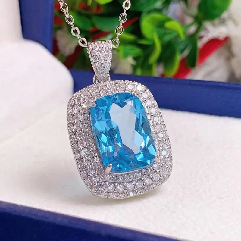 ZECAA joyería fina colgante de topacio para mujer con piedra preciosa de topacio azul suizo Natural 8*10mm joyería colgante de topacio plateado