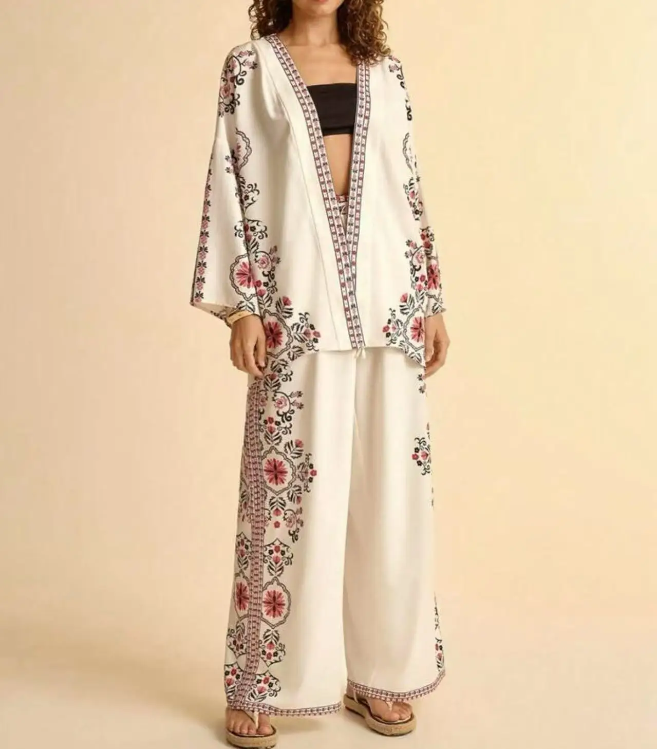 

2025 Autumn New Fashion Street Style Women's Suit Casual Printed Long-sleeved Cardigan Top Loose Lace-up Wide-leg Pants Suit