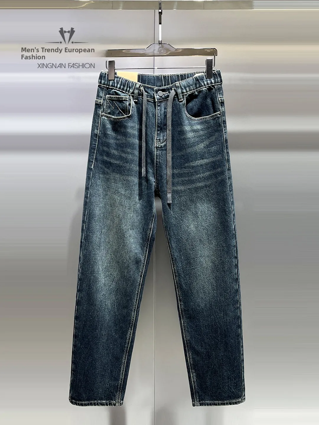 

Men's Casual Fce-Lined Straight Leg Jeans Comfortable Warm Thi Long Pants Autumn Winter Trendy Brand Loose Fit Denim Jeans