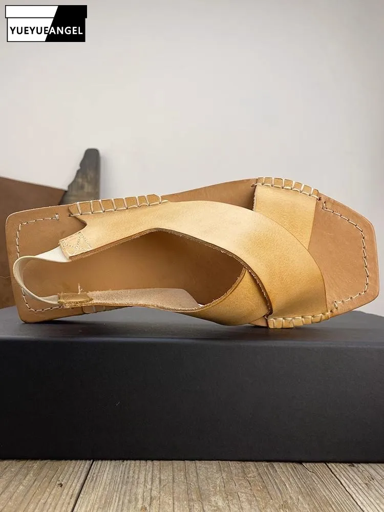 Summer Wearing Outside Genuine Leather Mens Sandals Leisure Cowhide Square Toe Hand Sewn Hollow Out Open Toes Elastic Band Shoes