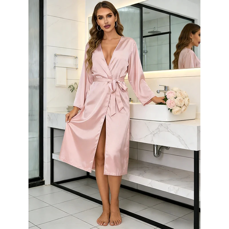 

Solid Color Thin Long Sleeve Nightgown Women Summer Homewear Outerwear Draping Soft Casual Loungewear Multi Color Options