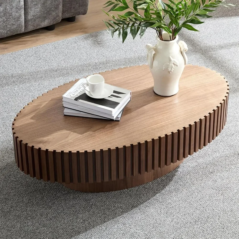 Coffee Table, Handcrafted Relief Sturdy Pedestal Wooden Olive-Shaped Tea Table