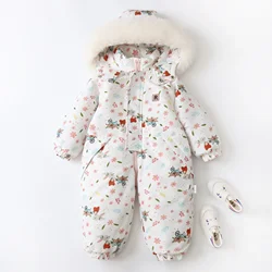 2024 Winter Kid's Clothes Warm Snowsuit 2-5 Y Girls Floral Printed Ski Suit Boys Fur Lining Hooded Jumpsuit Children's Outwear