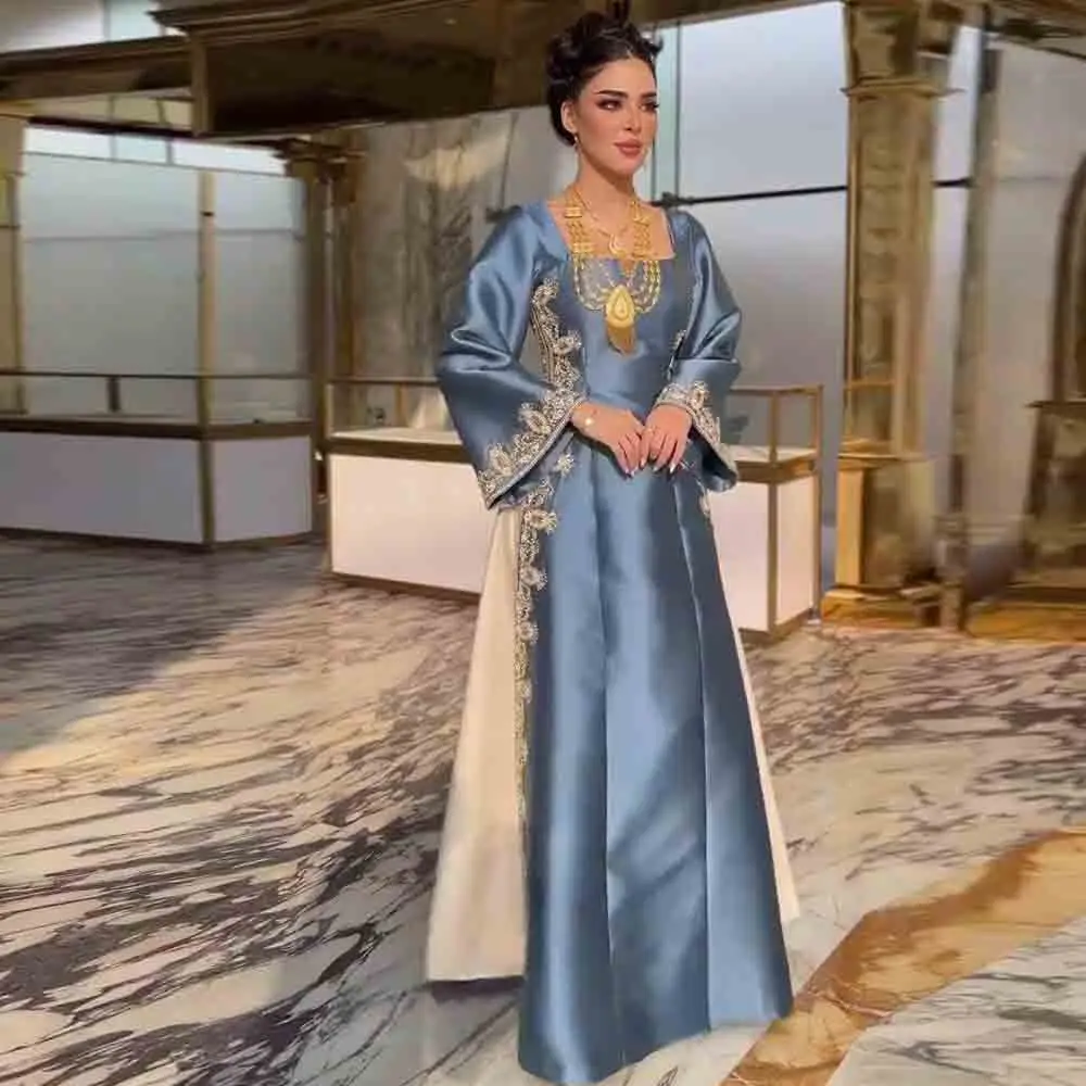 

Customized Luxurious Kaftan Evening Dress 2026 Embroidered Long Sleeve Square Neck Abaya Formal Party Gown for Women