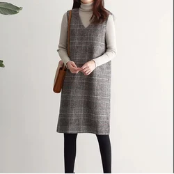 Korean Spring New Print Thousand Bird Plaid Woolen Vest Dress Women V-neck Patchwork Pocket Mid Length Vest Sleeveless Dresses