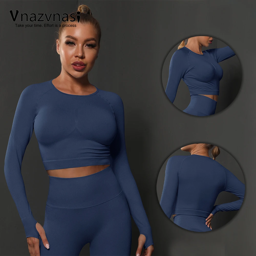 Vnazvnasi Seamless Elastic Sports Long Sleeve Top With Finger Cutout Yoga Shirt for Fitness Workout Sportswear Women Gym Clothes