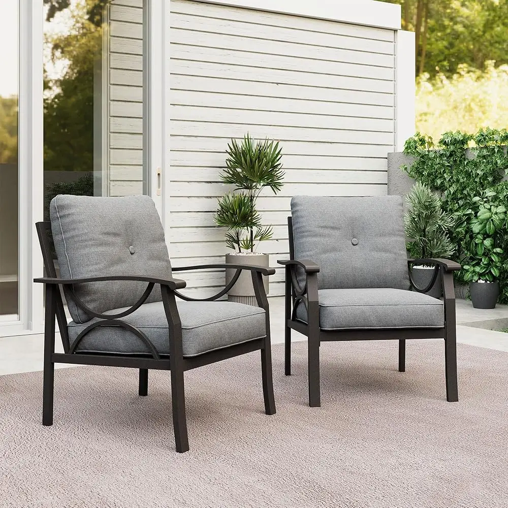 

2 Pieces Outdoor Single Sofa,All-Weather Patio Metal Armchair,Khaki Metal Furniture With Gray Cushions
