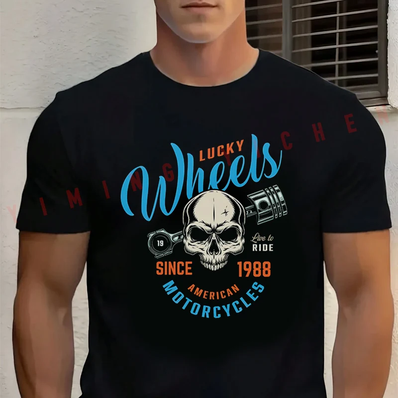 

2026 Men T Shirt Custom Skull Motorcycle Biker Print T-shirt Cotton Summer Casual O-neck Short Sleeve Tees