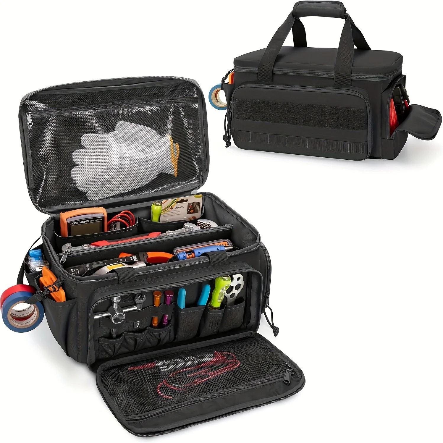 14-inch toolkit, electrician and carpenter storage bag, black handle bag, multi-functional, large capacity