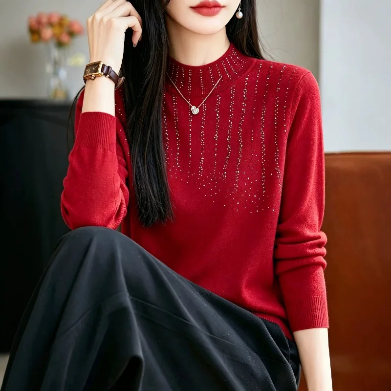 Women's Rhinestone Sweater Long Sleeve Round Neck Pullover Bling Knit Top Elegant Party Glitter Knitwear Casual Fashion New Tops