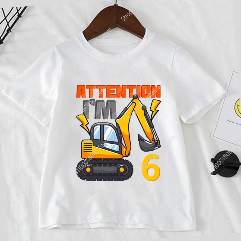 

1-9 Children's Cartoon Excavator Printed T-shirt Children's Birthday T-shirt Boys and Girls Gift T-shirt Short Sleeve PartyShirt