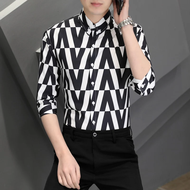 Brand Plaid Shirts Men Fashion Quarter sleeve Loose Casual Shirts 2024 Spring Summer Streetwear Social Party Tuxedo Blouse M-4XL