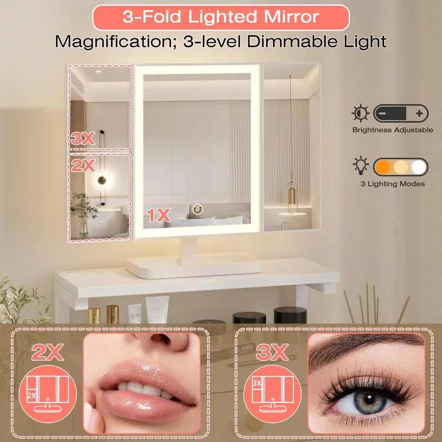 مكتب مع مرآة وأضواء، طاولة مكياج صغيرة بقدرة 28.4 وات مع حامل قابل للتعديل للارتفاع، مكتب مكياج مدمج بدرجين من القماش،