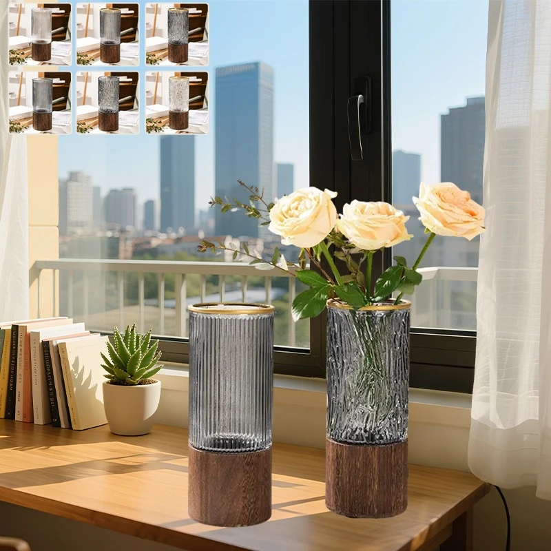 

1pc Transparent Glass Vase with Wood Base Large Capacity Striped Thick Cylinder Flower Vase for Home and Living Room Table Decor