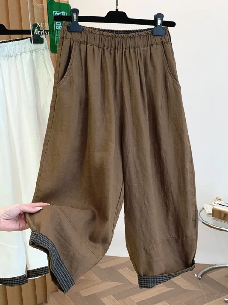 

Retro Contrast Color Linen Wide Leg Pants Women's Summer Elastic Waist Cuffed Slimming Casual Nine Point Harlan Carrot Pants