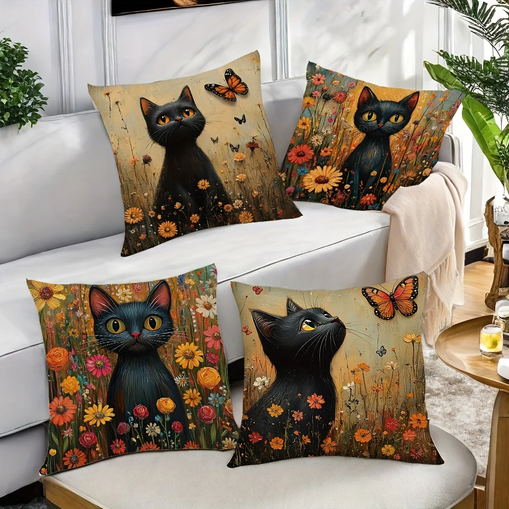 4 Piece Set New Pillow Covers Featuring A Black Cat With Bright Eyes And Lively Expression Perfect For Decorating Your Home Sofa