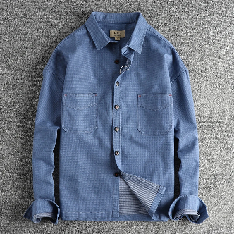 Men's solid color simple cargo pocket plaid cotton fabric casual long-sleeved shirt jacket