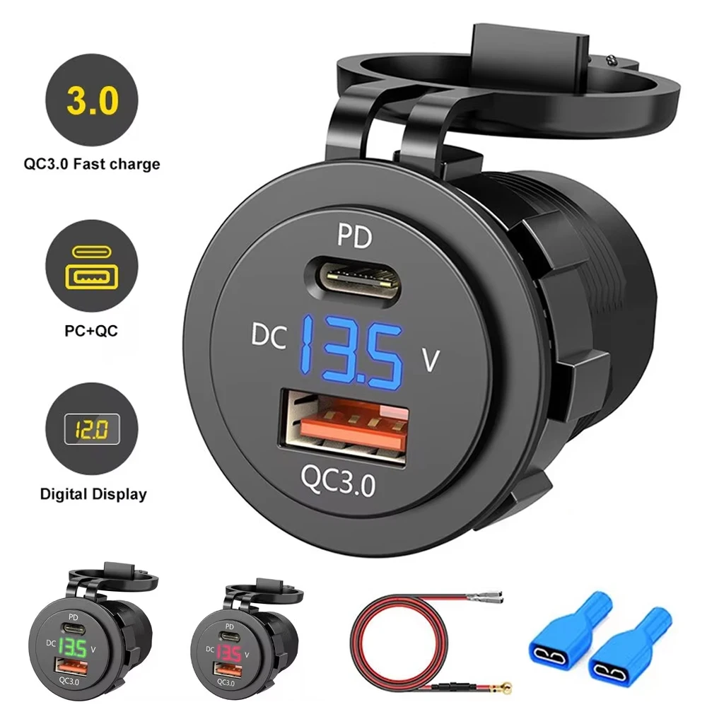 12V 40W USB-Ladebuchse, wasserdichter Schnellladegerät-Adapter, PD Typ C und QC3.0 Stromanschluss mit Schalter für Auto, Marine, Motorrad