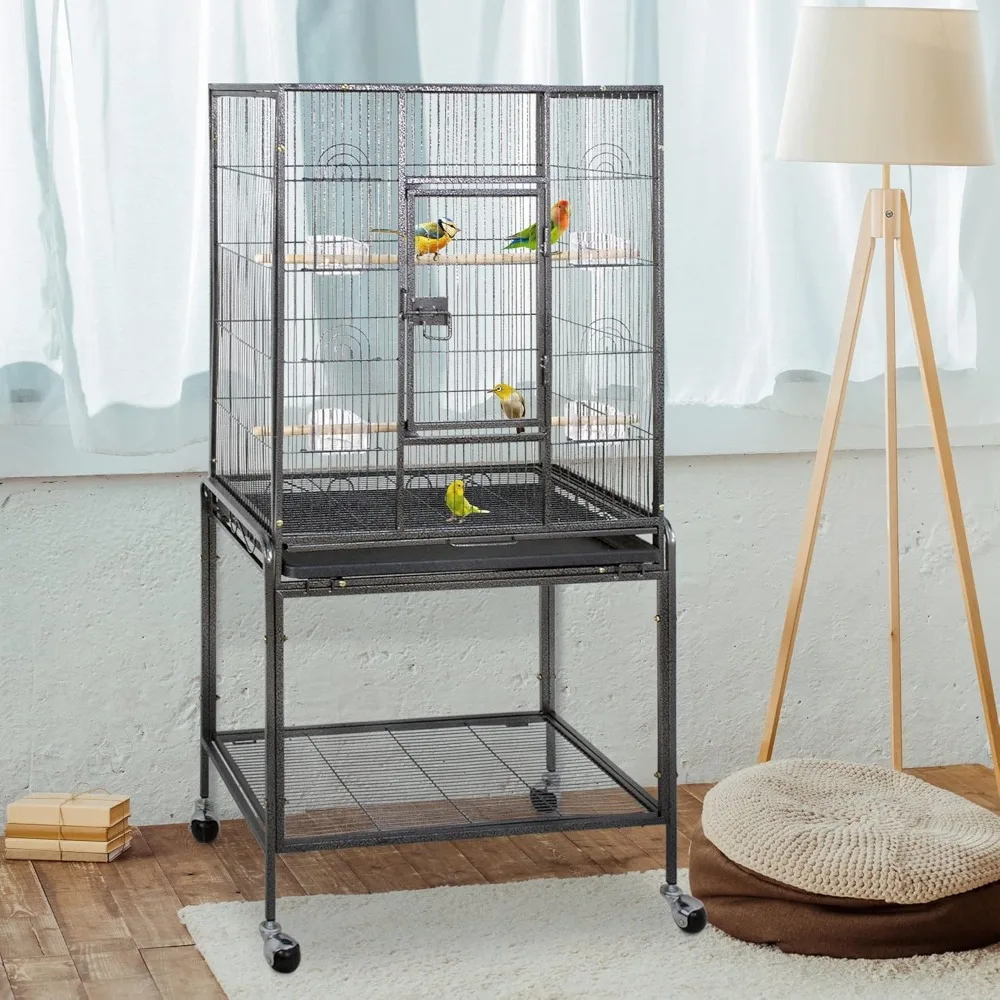 

Standing Wrought Iron Birdcage Large Parrot Flight Bird Cage with Rolling Stand Birdcages for Cockatiels African Grey