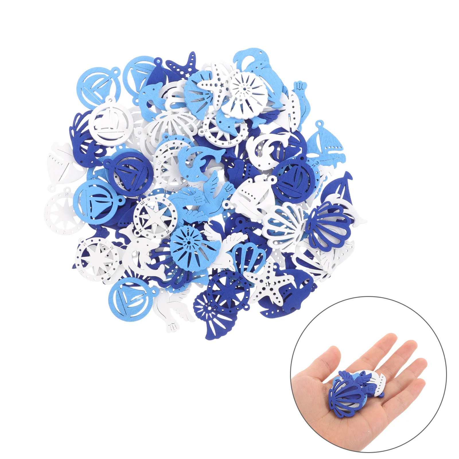 

100Pcs Mediterranean Coastal Wooden Cutouts Shells Sea Star Sailboat Series Pieces Nautical Wall Decorations for DIY