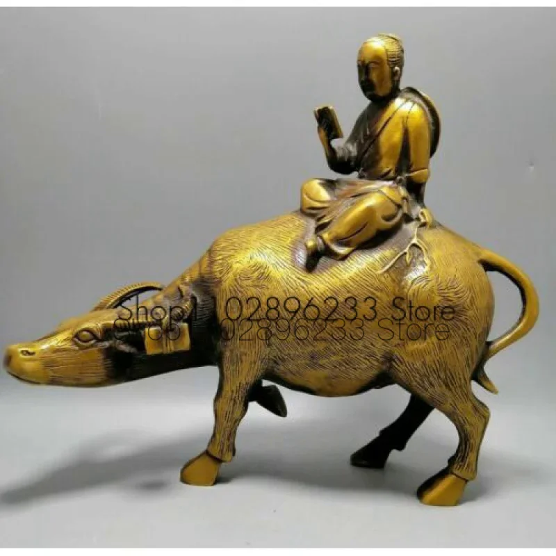 Brass Boy Riding Water Buffalo Reading Book Statue Feng Shui Zen Decor