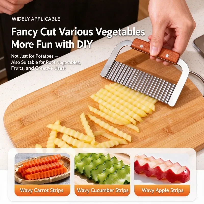 Stainless Steel Wavy Potato Cutter Wooden Handle Crinkle French Fry Slicer Creative Wave Shape Veggie Chip Cutting Tool Kitchen