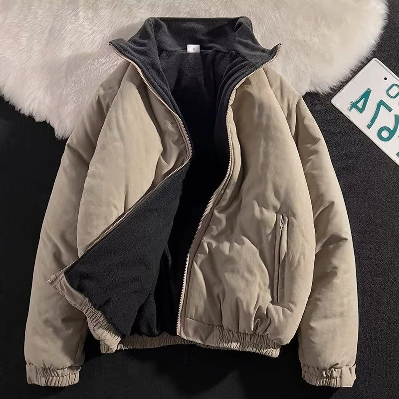 Autumn Winter Warm Puffer Jacket Men Women Couple Solid Color Vintage Japanese Style Cotton Coat