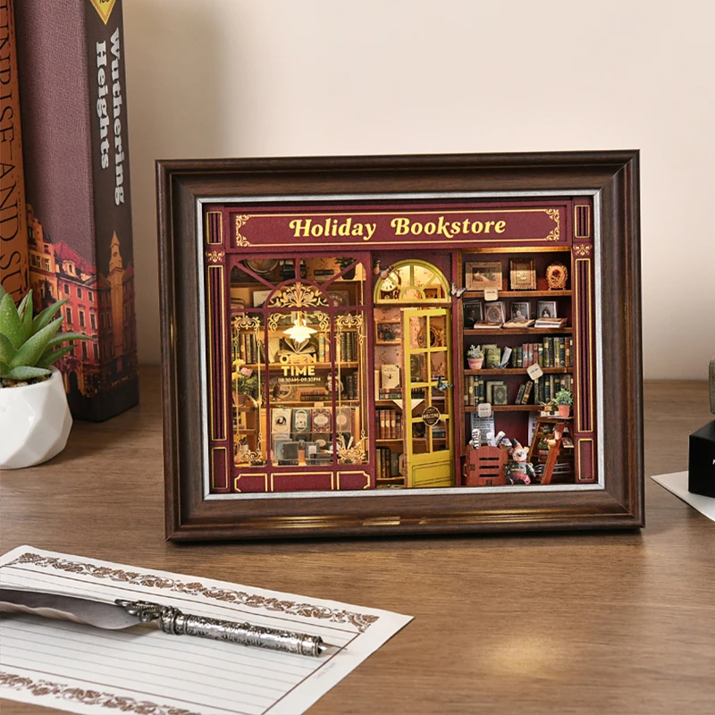

DIY Book Nook Kit 3D Wooden Puzzle Doll House Assembly Model Bookshelf Insert Dollhouse With Furniture For Xmas Birthday Gifts