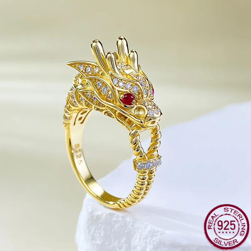 New S925 Silver China-Chic Golden Dragon Dominant Leader Ring Dragon Tiger Spirit Wearable Dragon Ring Wedding Jewelry