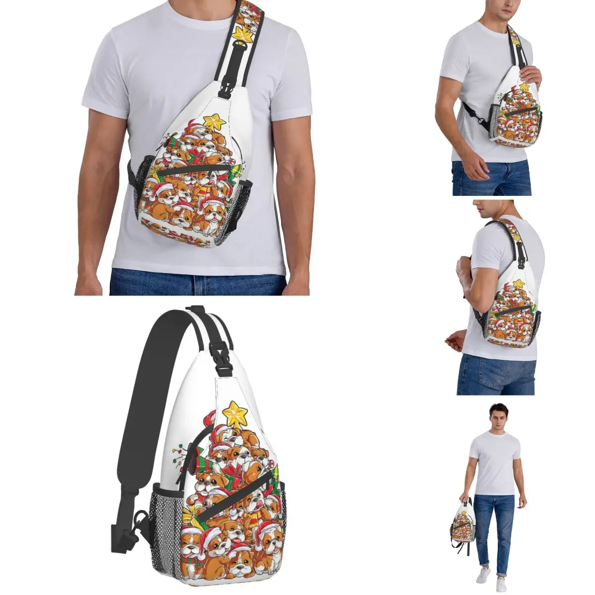 Inglês Bulldog Natal Xmas Sling Bag Peito Crossbody Ombro Mochila Viagem Caminhadas Daypacks Inverno Homens Mulheres Pacote