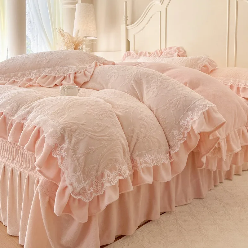 French Lace Thickened Milk Fleece Four-piece Set Double-sided Coral Fleece Quilt Cover Padded Bed Skirt Pillowcase Bedding Set