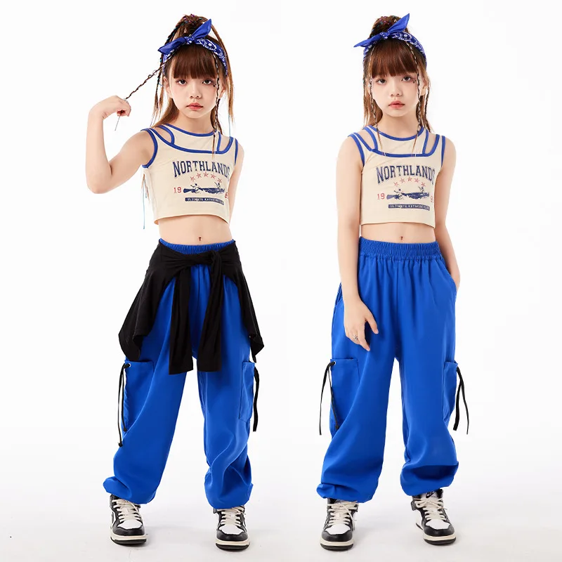 Sommer Hip Hop Mädchen tanzen Kleidung Jazz Kostüm Nabel Tops blaue Jogging hose üben Kleidung Street Dance Performance Anzug