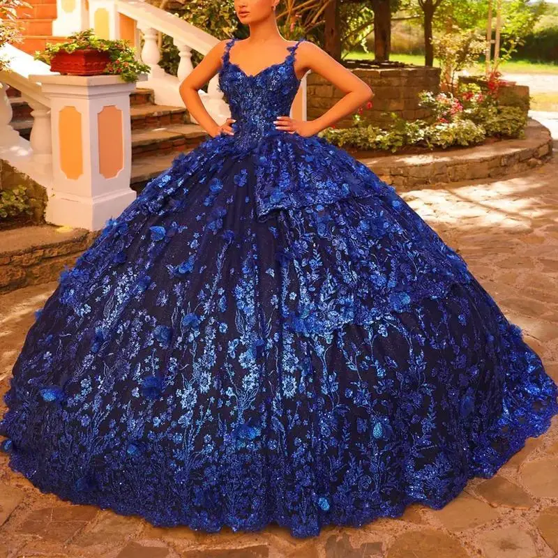 

Navy Blue Shiny Princess Quinceanera Dresses Off the Shoulder Ball Gown Sweet 16 Dress Beads Appliques Lace Beads Vestidos De 15