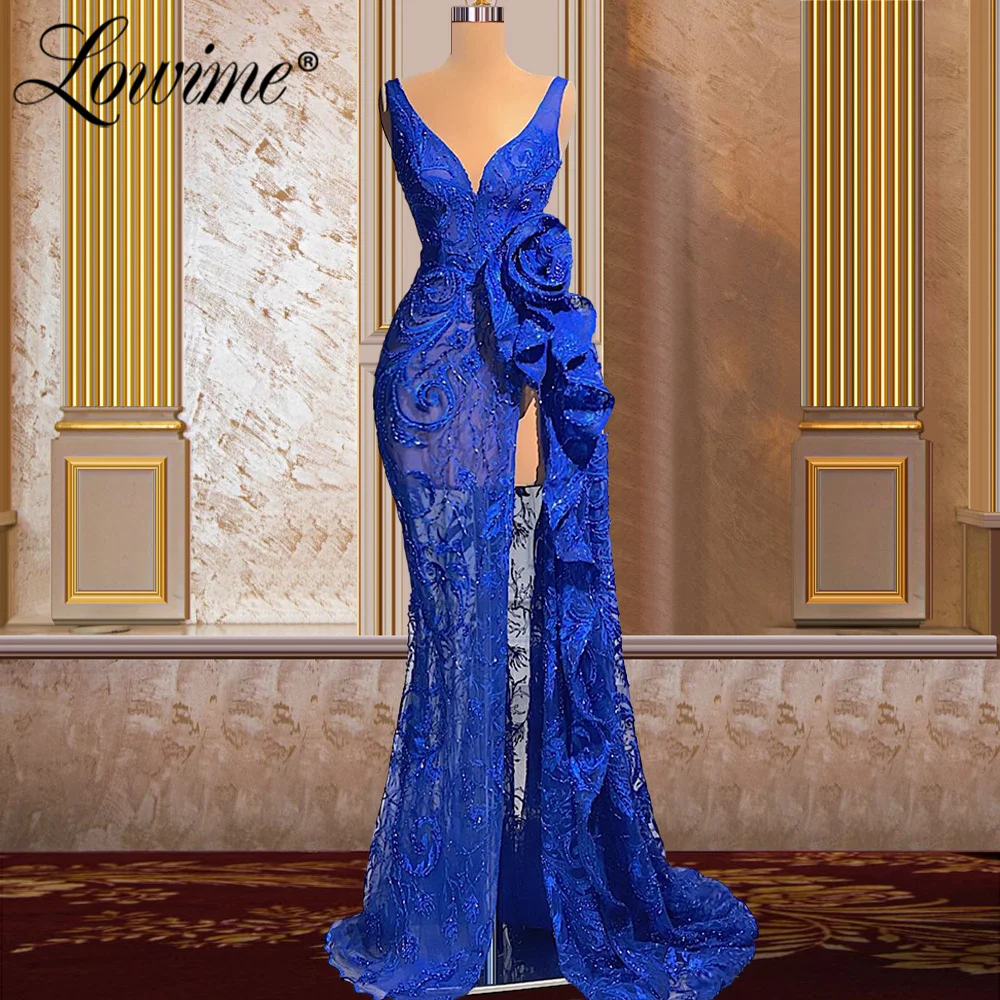 Lowime Elegant Beaded Royal Blue V Neck Long Mermaid Evening Dresses Plus Size Party Gowns Robes Lace Prom Dress High Split