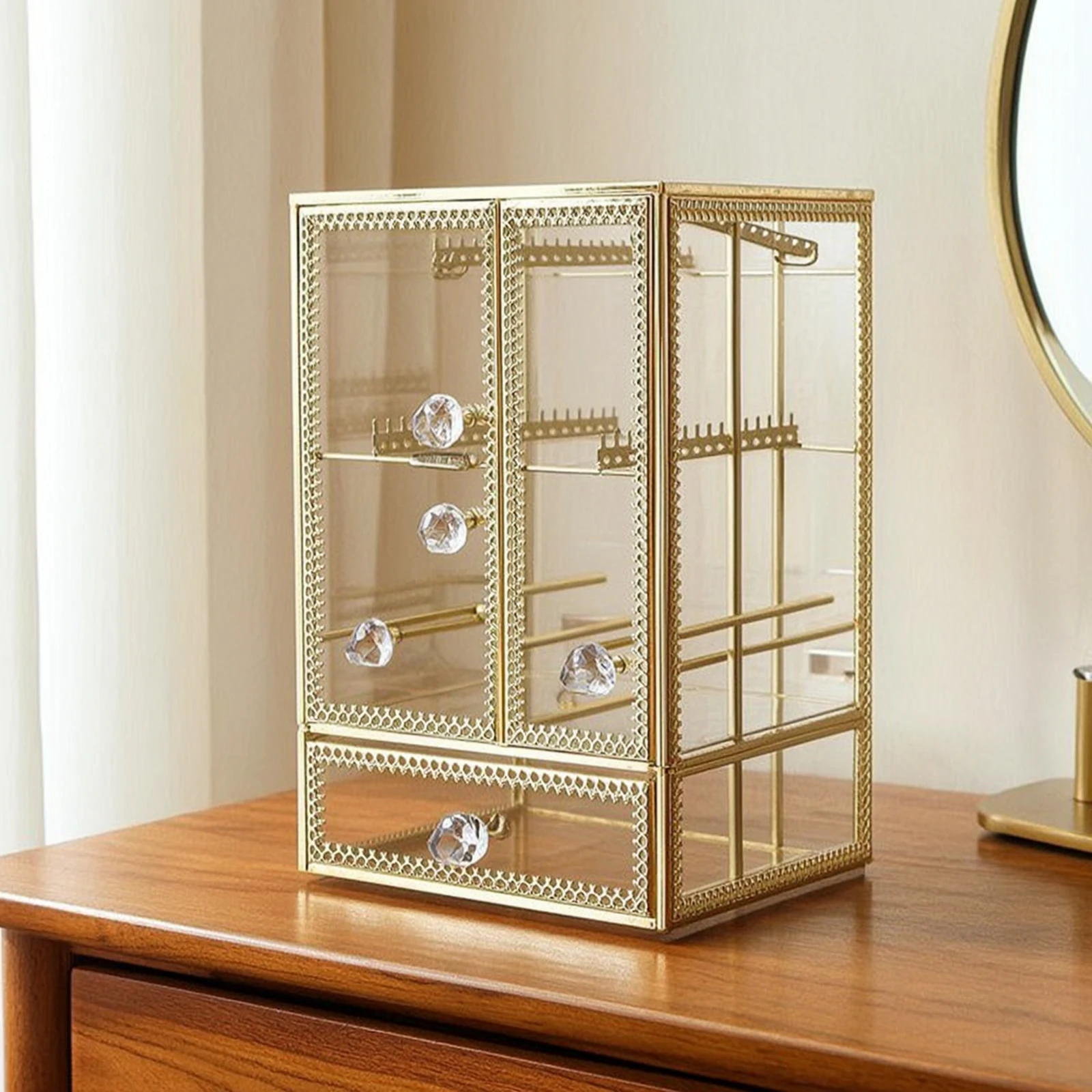 Jewelry Organizer with Hanging Rods Rectangular Jewelry Organizer with Drawers Decorative Transparent for Women, Vanity, Dresser