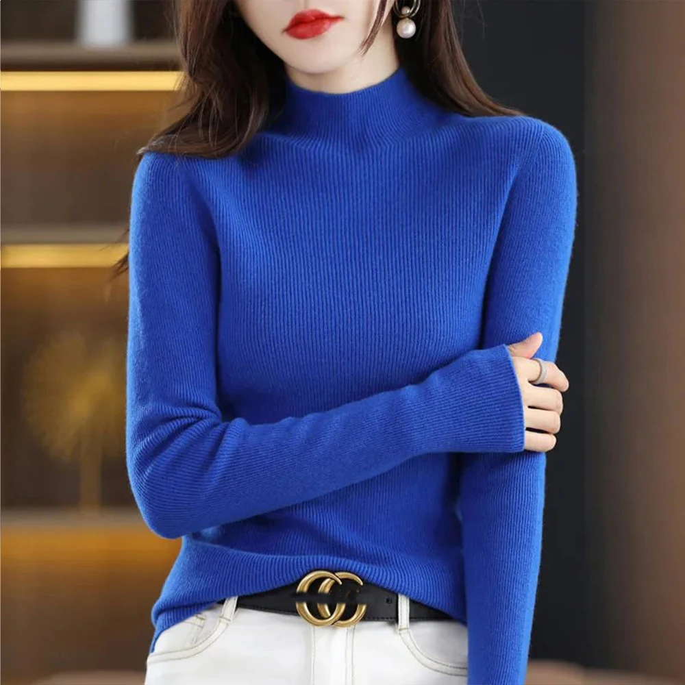 

Sweet Long Sleeved Knit T Shirt Sweater Women S-XL Strecth Slim Top Full Sleeved Shirts Sweaters High Collar Casual Tees Clothes