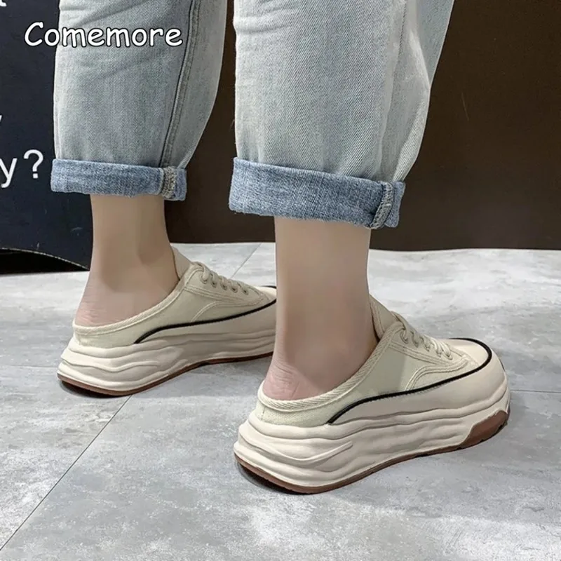 Comemore 2023 Spring Autumn New Platform Shoes Fashion Casual Sports Half Slipper Woman Footwear Round Toe Korean Women Sneakers